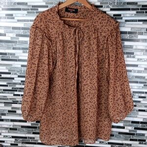 Renee C. Tan Brown Bohemian Floral 1XL Sheer 3/4 Sleeve Blouse